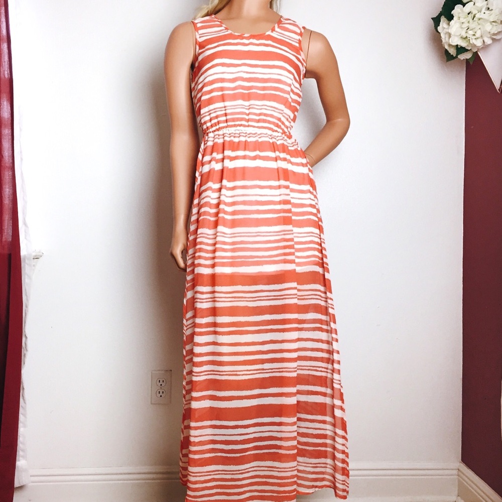 Coral Striped High Double Slit Maxi Dress